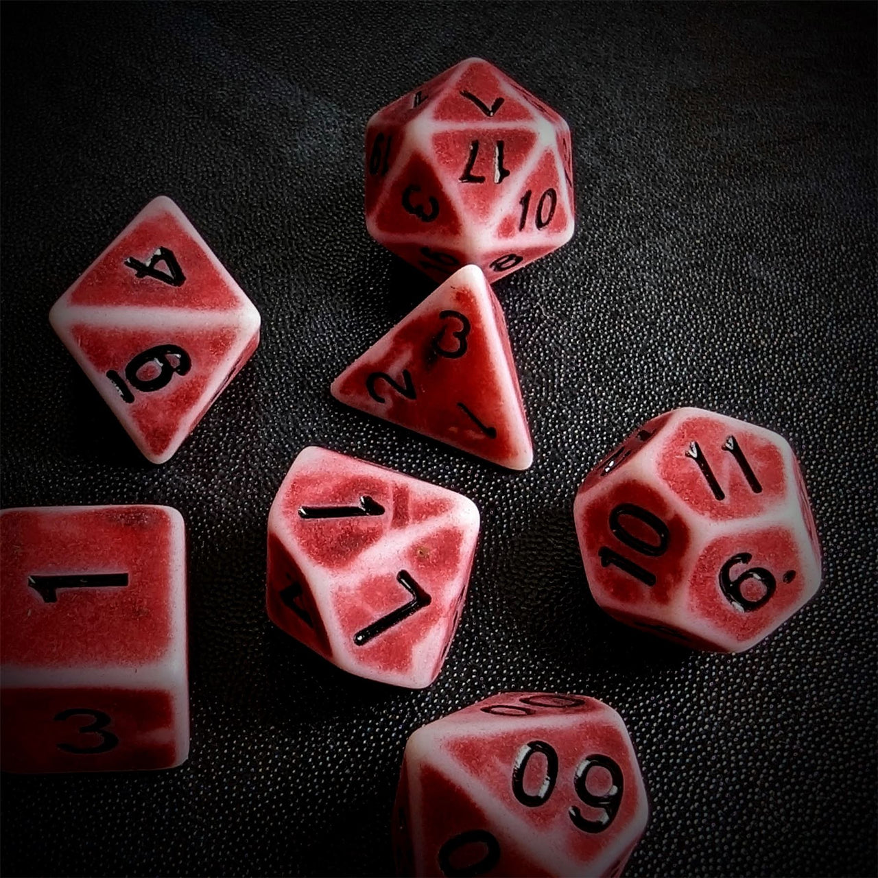 Washed Red on White Acrylic - 7pcs RPG Full Dice Set Scatter