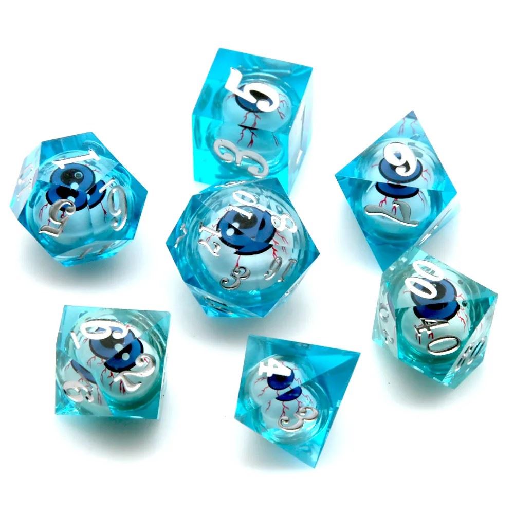 Eye Ball in Clear & Blue Liquid Filled Sharp Resin - 7pcs RPG Dice Set