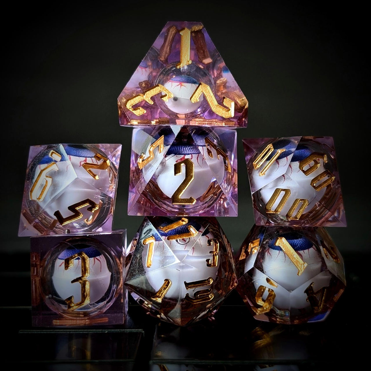Eye Ball in Purple Filled Sharp Resin - 7pcs RPG Dice Set