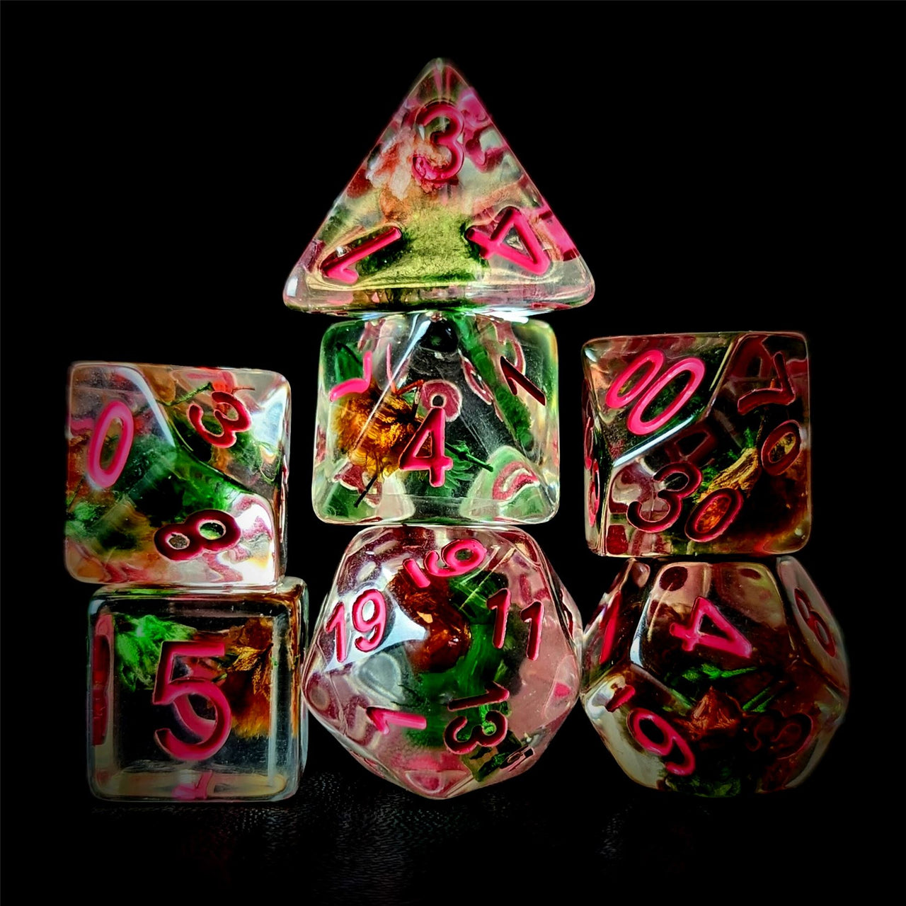 Red & Green Flowers in Clear Resin - 7pcs RPG Full Dice Set