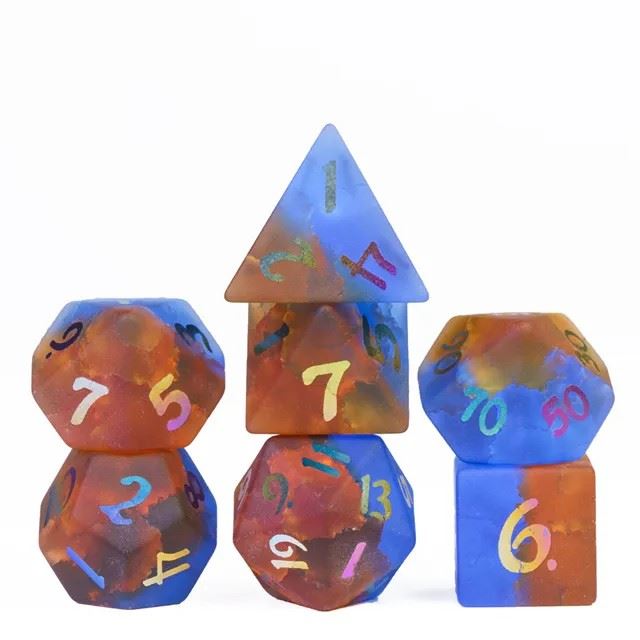 Cracked & Frosted Orange and Blue Glass - 7pcs RPG Dice Set