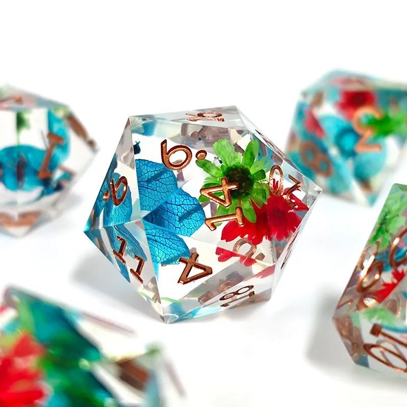 Red, Blue & Green Flowers in Clear Filled Sharp Resin - 7pcs RPG Dice Set