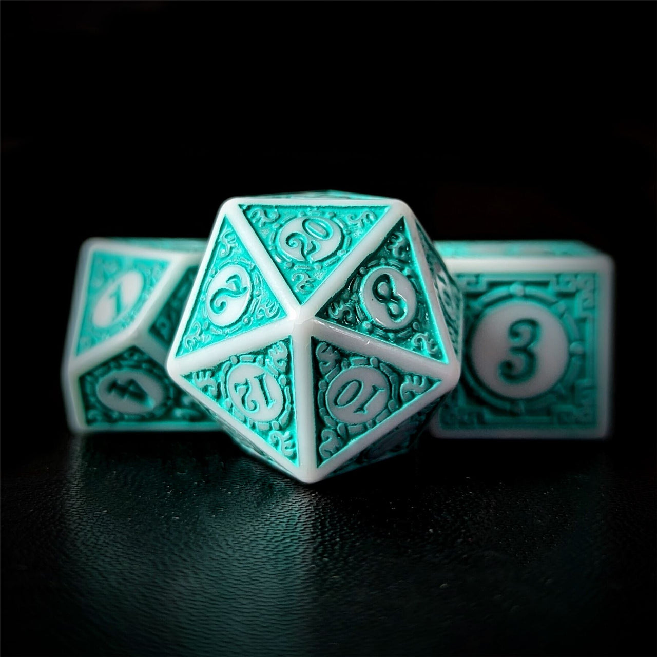 Cyan Lattice on White Acrylic - 7pcs RPG Full Dice Set Close