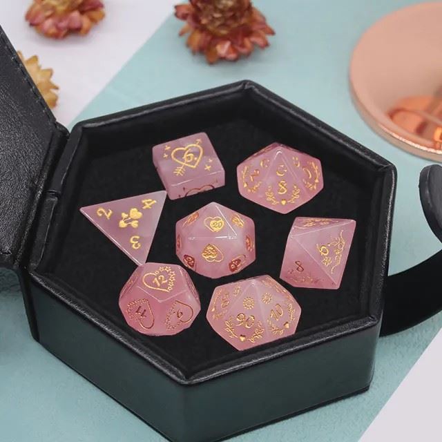 Hearts on Pink Glass - 7pcs RPG Dice Set