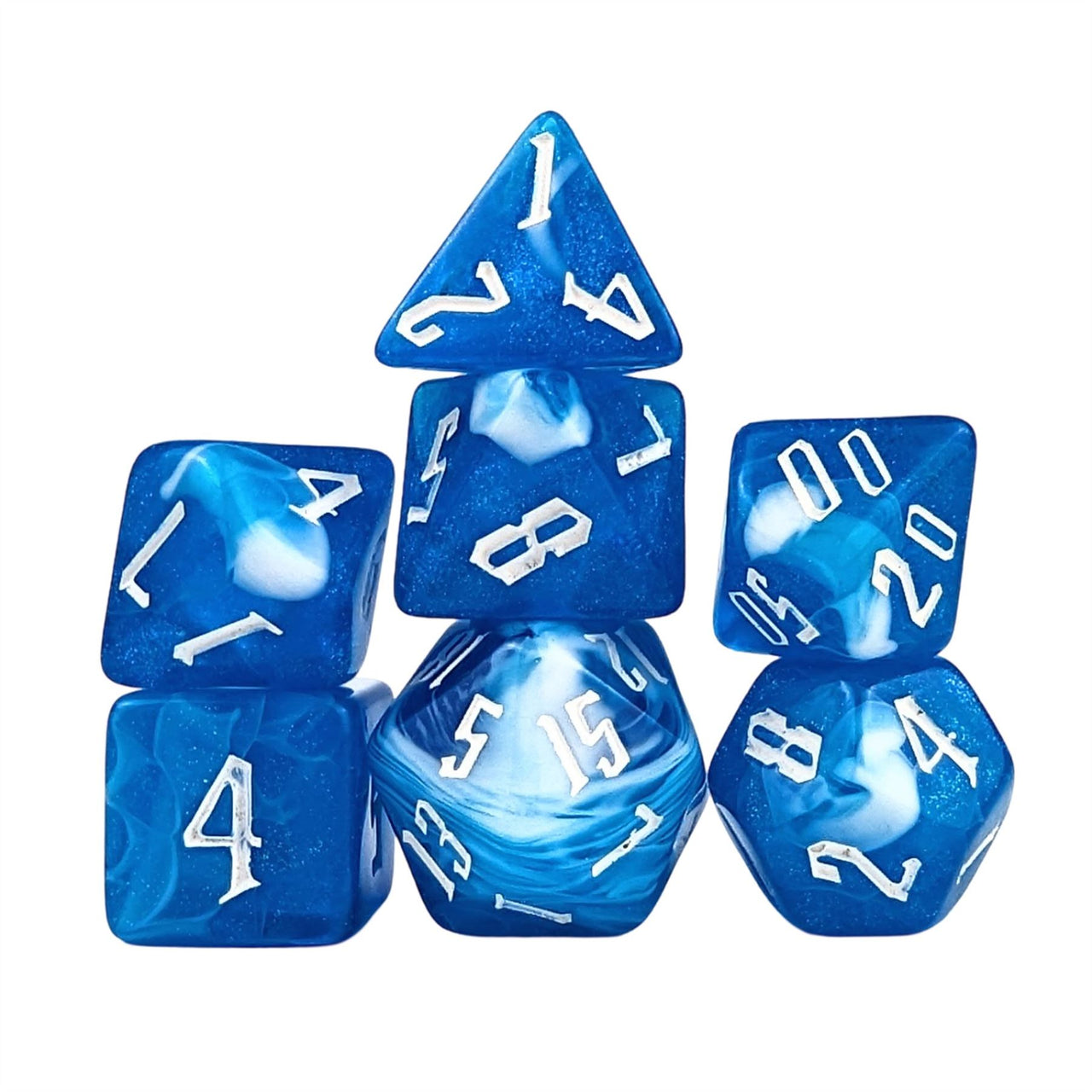 Glitter in Blue & White Acrylic - 7pcs RPG Full Dice Set White Stack