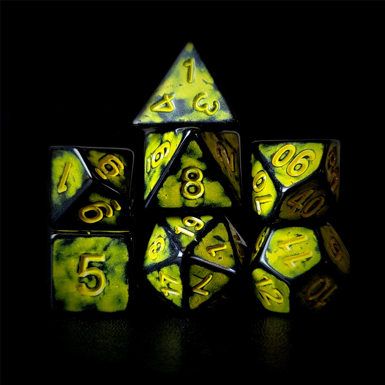 Washed Yellow on Black Acrylic - 7pcs RPG Full Dice Set Dark Stack