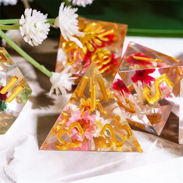 Multicolour Flowers in Clear Filled Sharp Resin - 7pcs RPG Dice Set