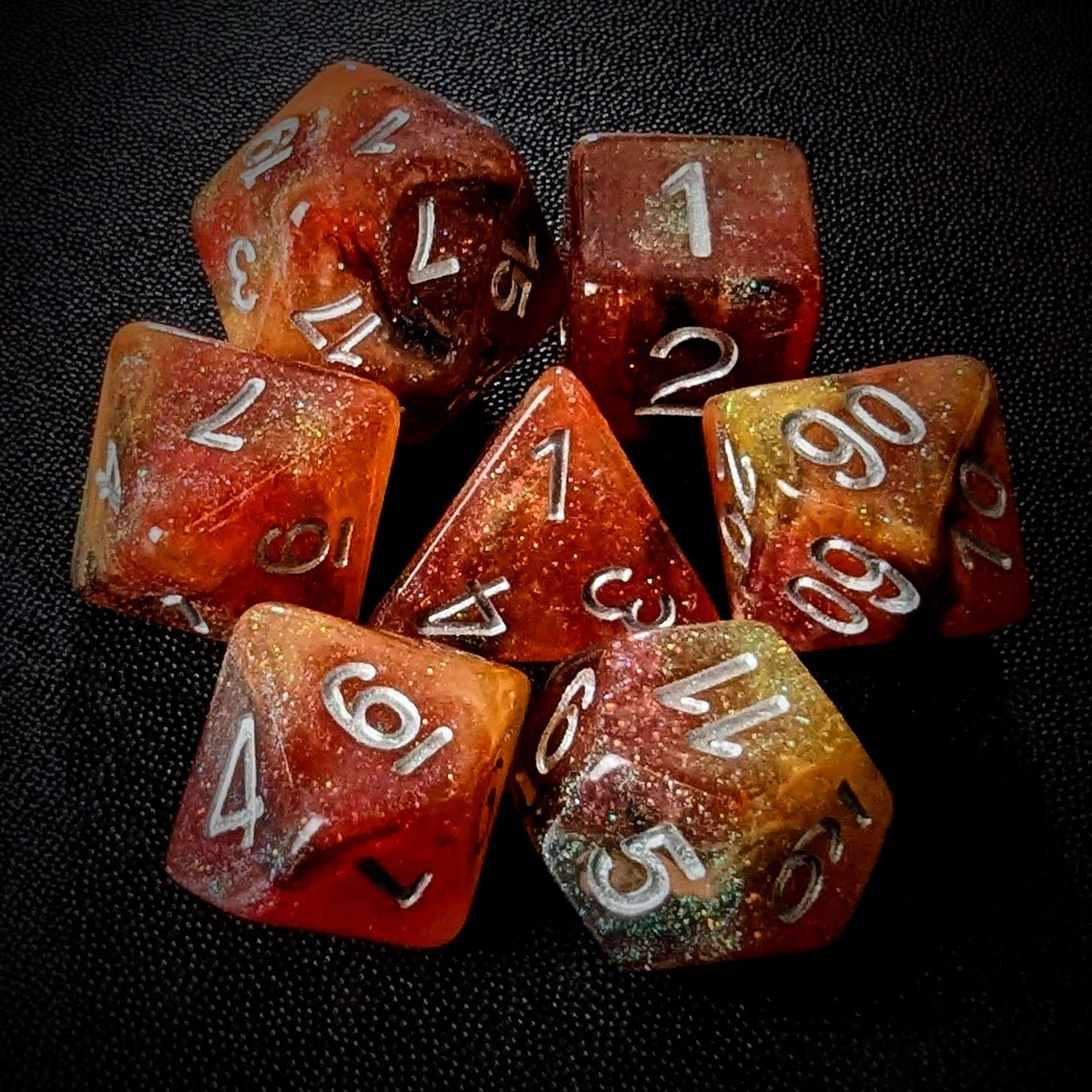 Glitter in Orange & Brown with Gold Resin - 7pcs RPG Full Dice Set