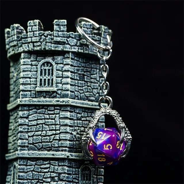 Purple & Blue Acrylic in  Silver Metal Claw - D20 Keyring