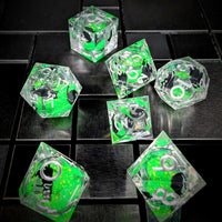 Thumbnail for 7pcs Dice Sharp Filled Liquid Cat Silver Font Clear Green