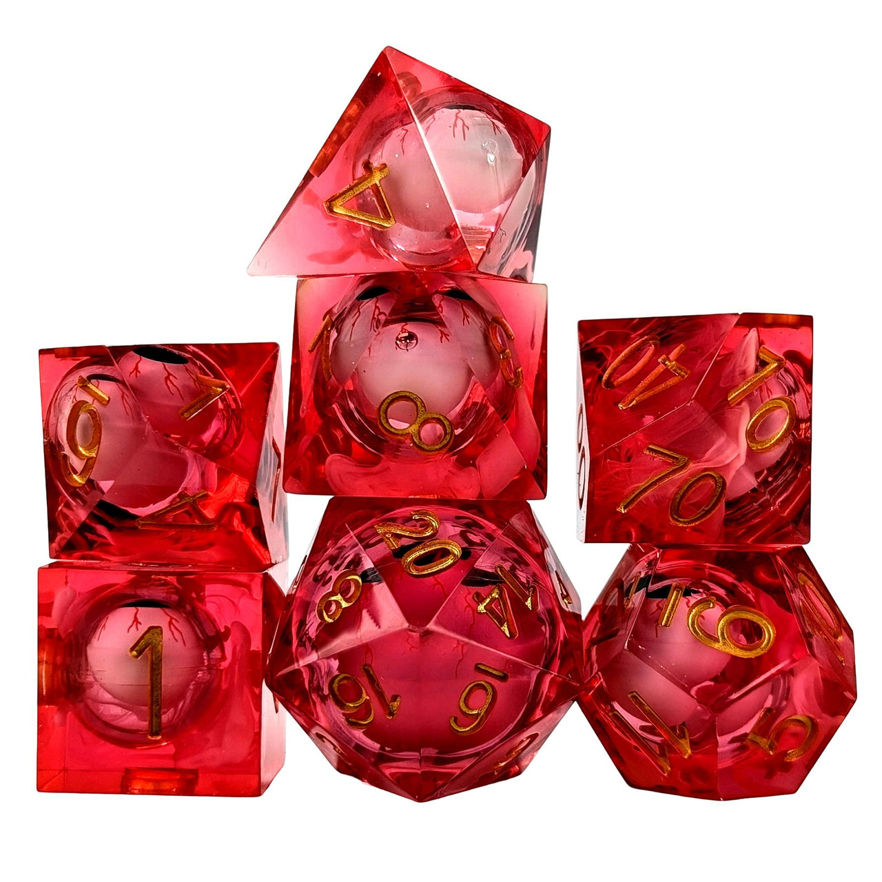 Green Eye Ball in Clear & Red Liquid Filled Sharp Resin - 7pcs RPG Dice Set
