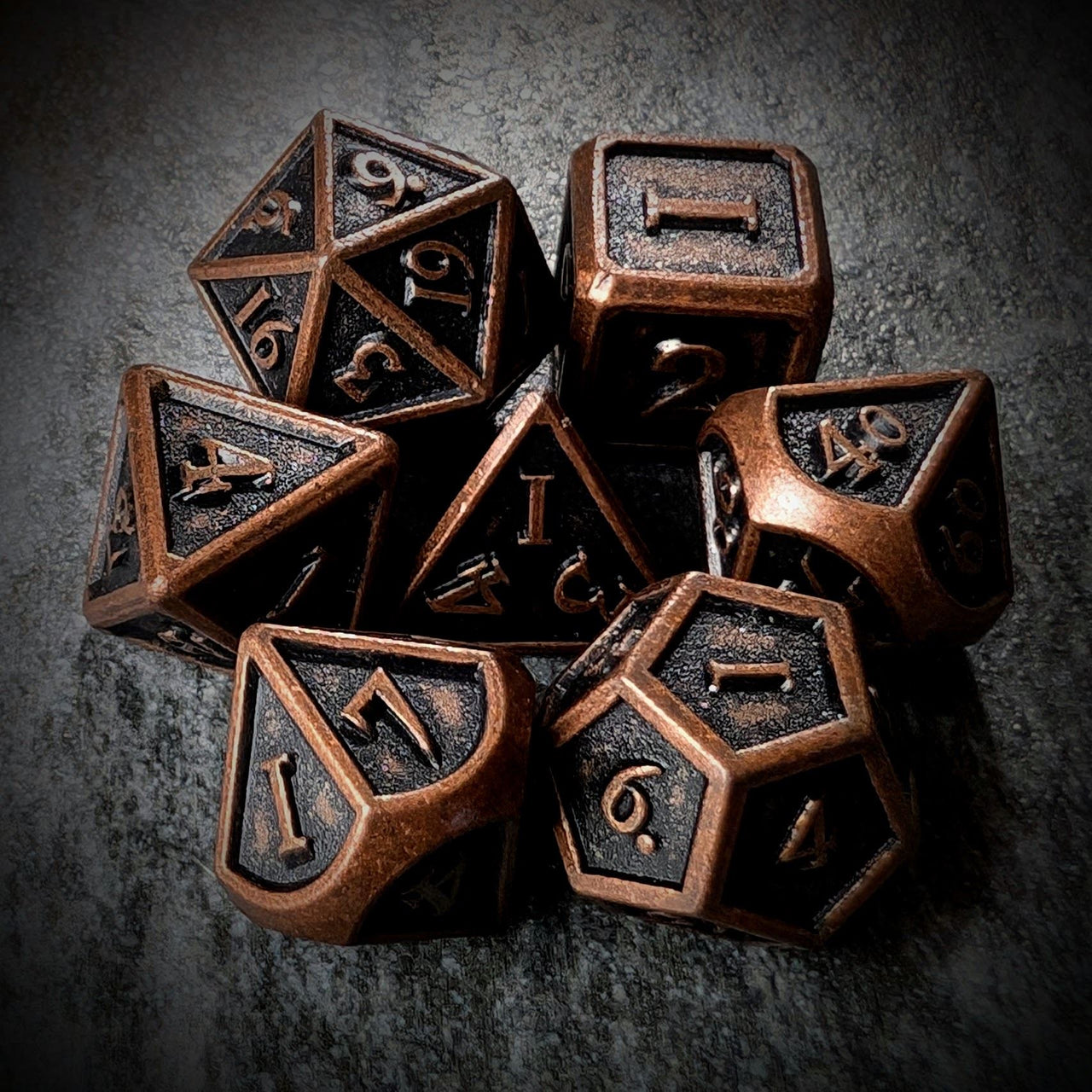 Brushed Worn Copper Metal - 7pcs RPG Dice Set