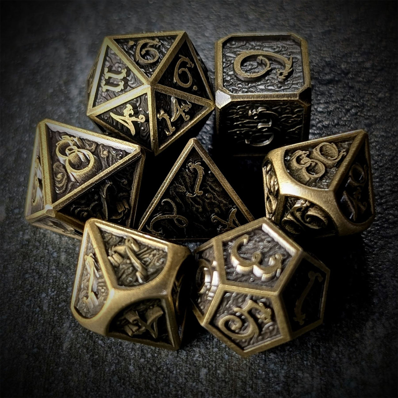 Bronze Metal with Dragon Font - 7pcs RPG Dice Set