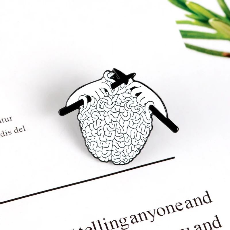 White Knitting Brain Pin - Novelty