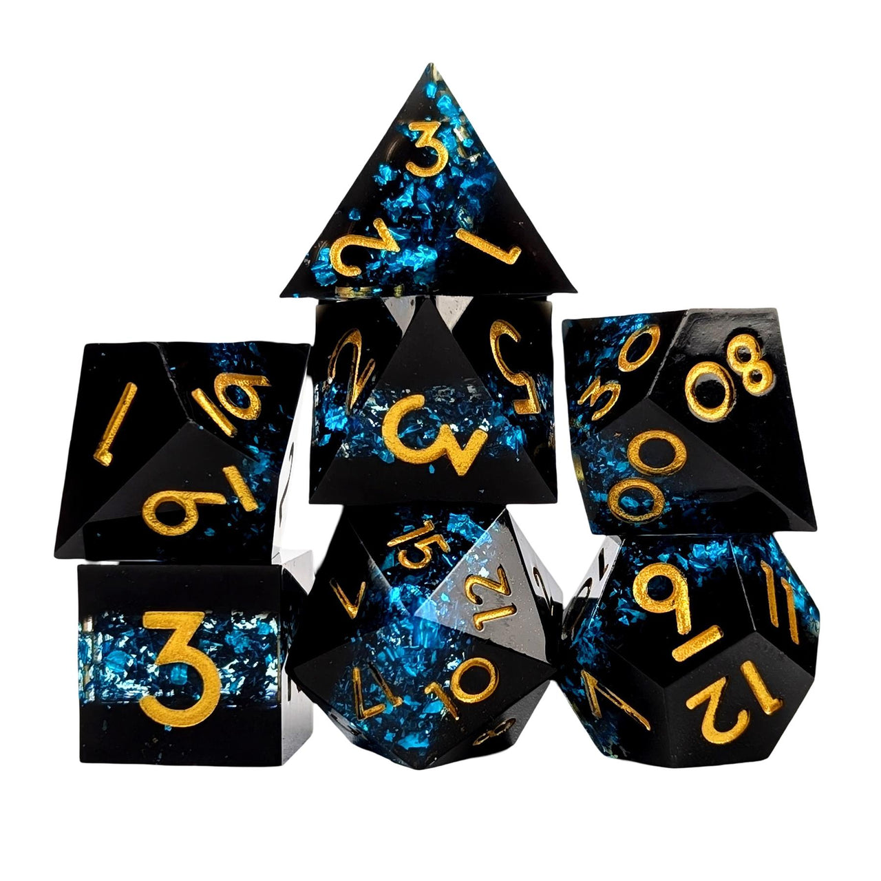 Blue Band in Black Filled Sharp Resin - 7pcs RPG Dice Set