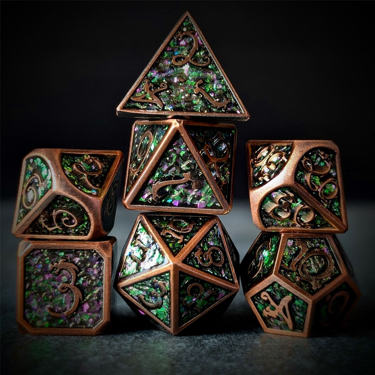 Glitter Pink Enamel in Copper Metal - 7pcs RPG Dice Set