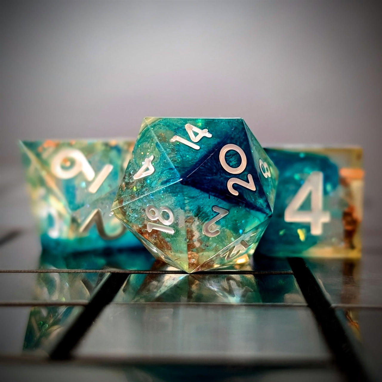 Blue Swirl in Clear with Copper Foil Sharp Resin - 7pcs RPG Dice Set