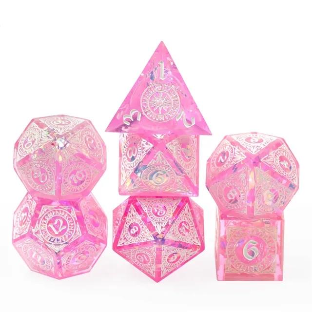 White Pattern on Pink with Candy Sharp Resin - 7pcs RPG Dice Set