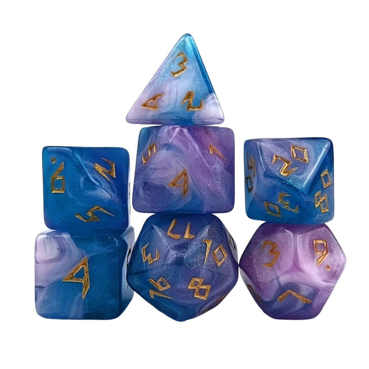 Glitter in Blue & Pink Acrylic - 7pcs RPG Full Dice Set White Stack