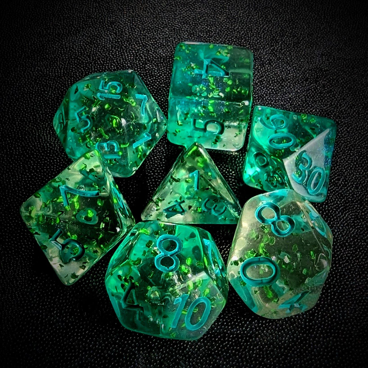 Glitter in Clear Green Acrylic - 7pcs RPG Full Dice Set Top