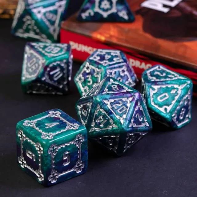 Castle on Purple & Teal Resin - 7pcs RPG Oversized Dice Set