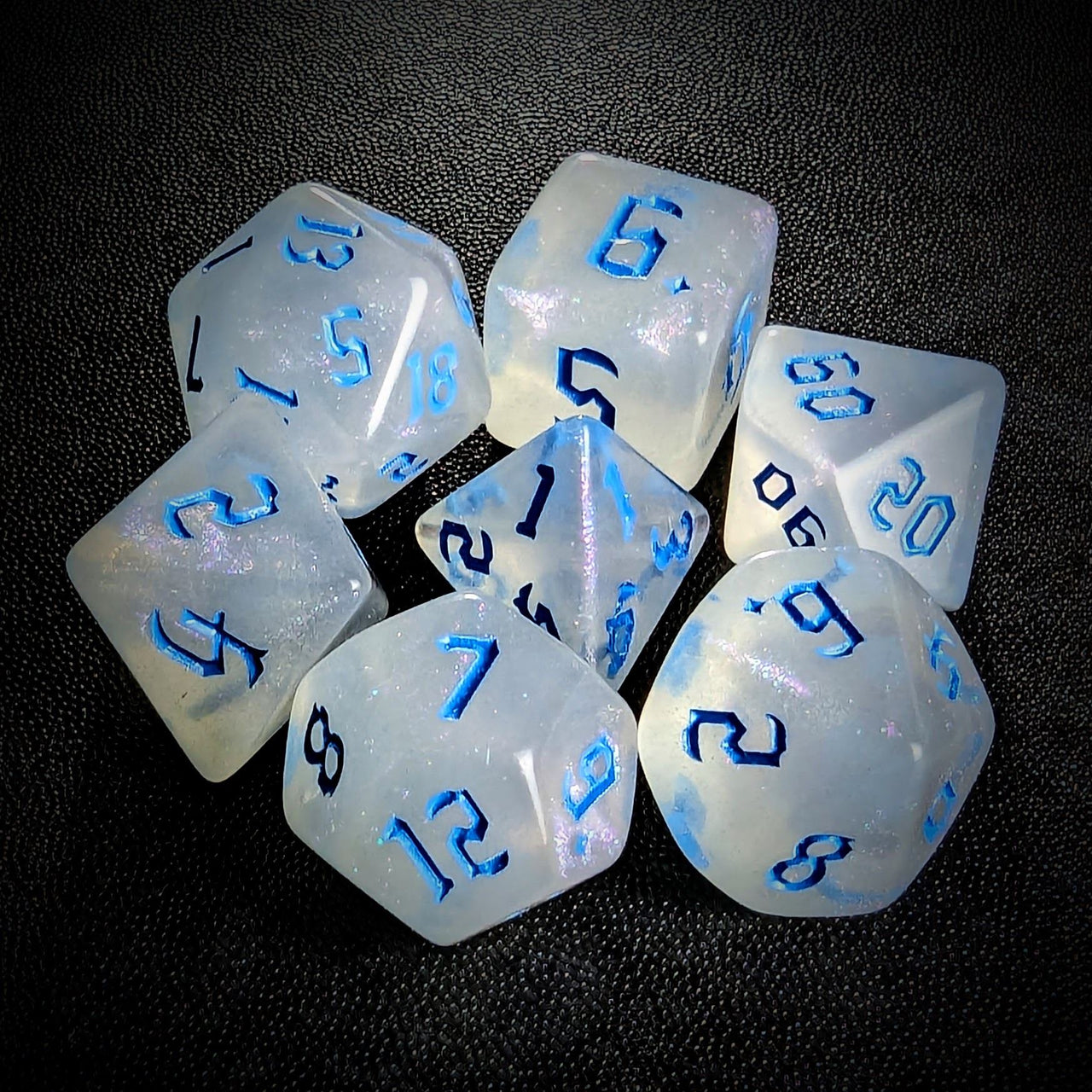 Glitter in White Acrylic with Blue Font - 7pcs RPG Full Dice Set Top