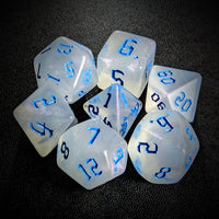 Thumbnail for Glitter in White Acrylic with Blue Font - 7pcs RPG Full Dice Set Top