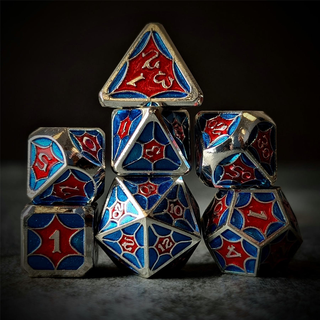 Blue & Red Spider's Web in Silver Metal - 7pcs RPG Dice Set