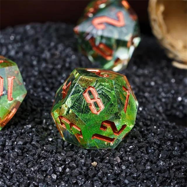 Spider in Clear & Green Filled Sharp Resin - 7pcs RPG Dice Set