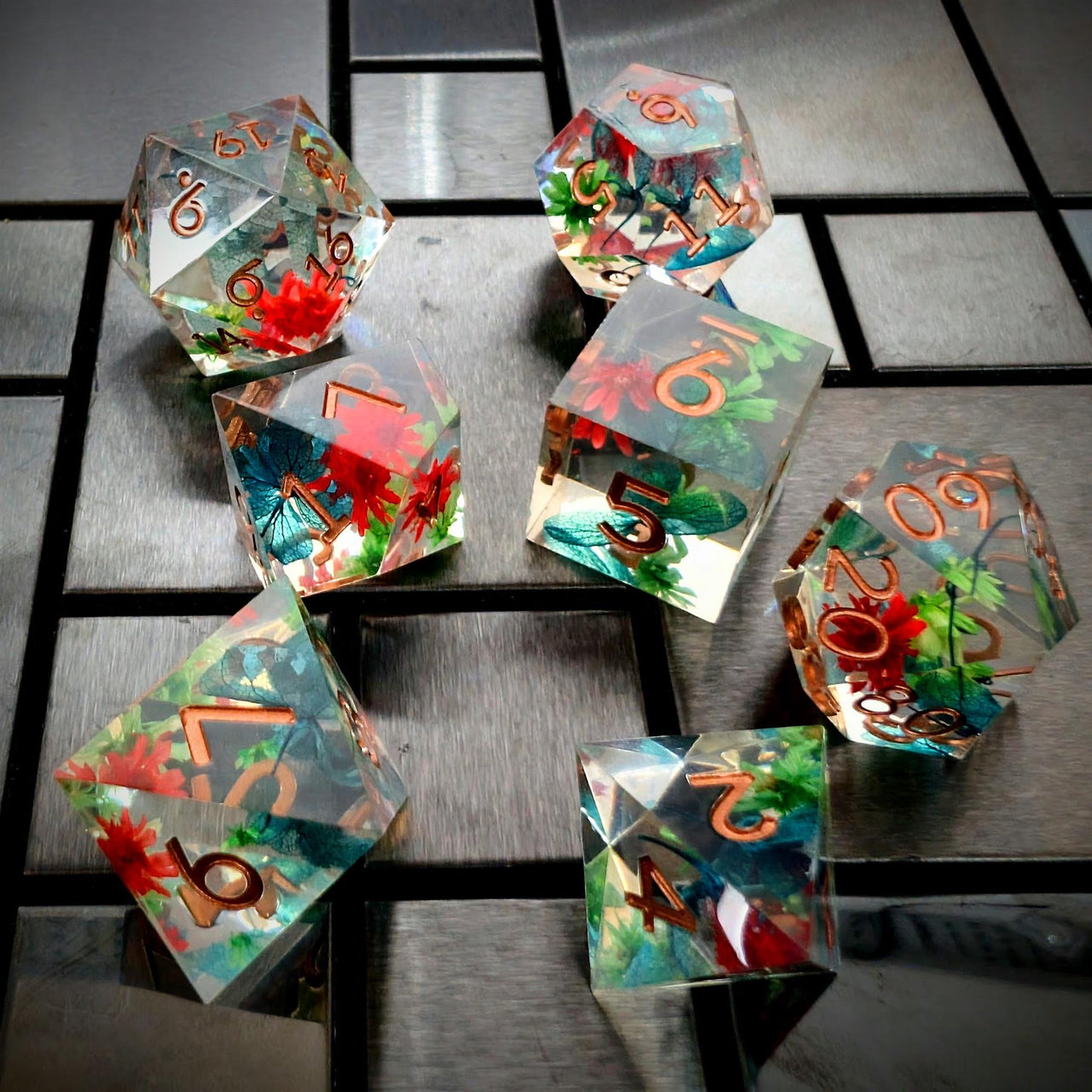Red, Blue & Green Flowers in Clear Filled Sharp Resin - 7pcs RPG Dice Set