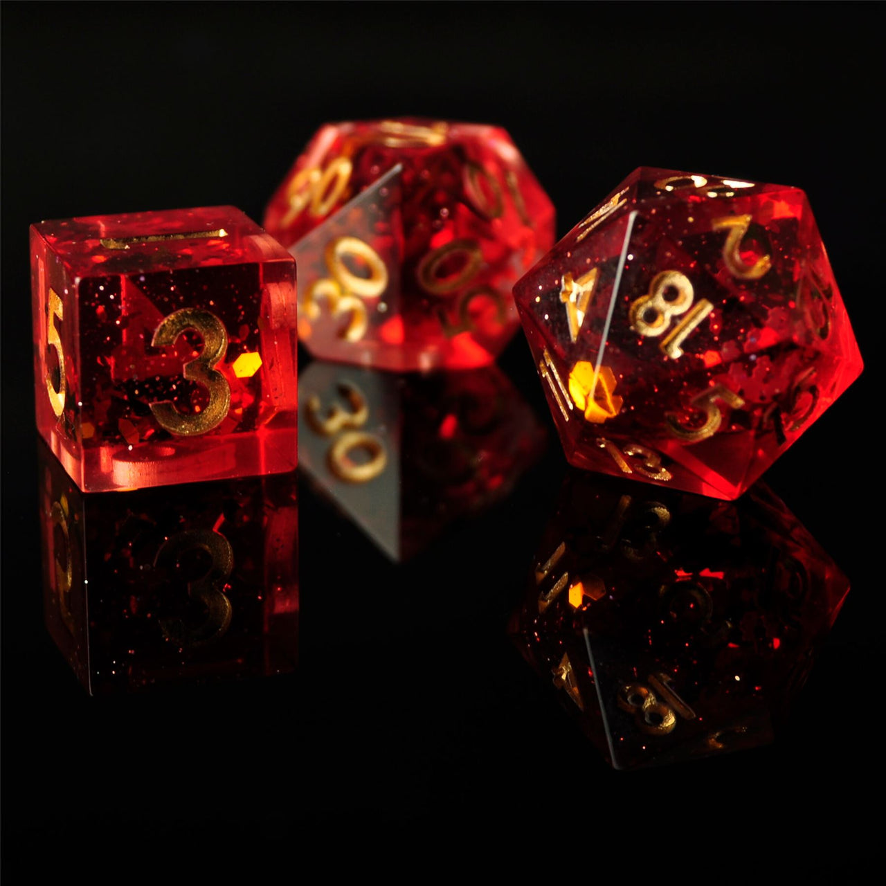 Snow in Red & Clear Filled Sharp Resin - 7pcs RPG Dice Set