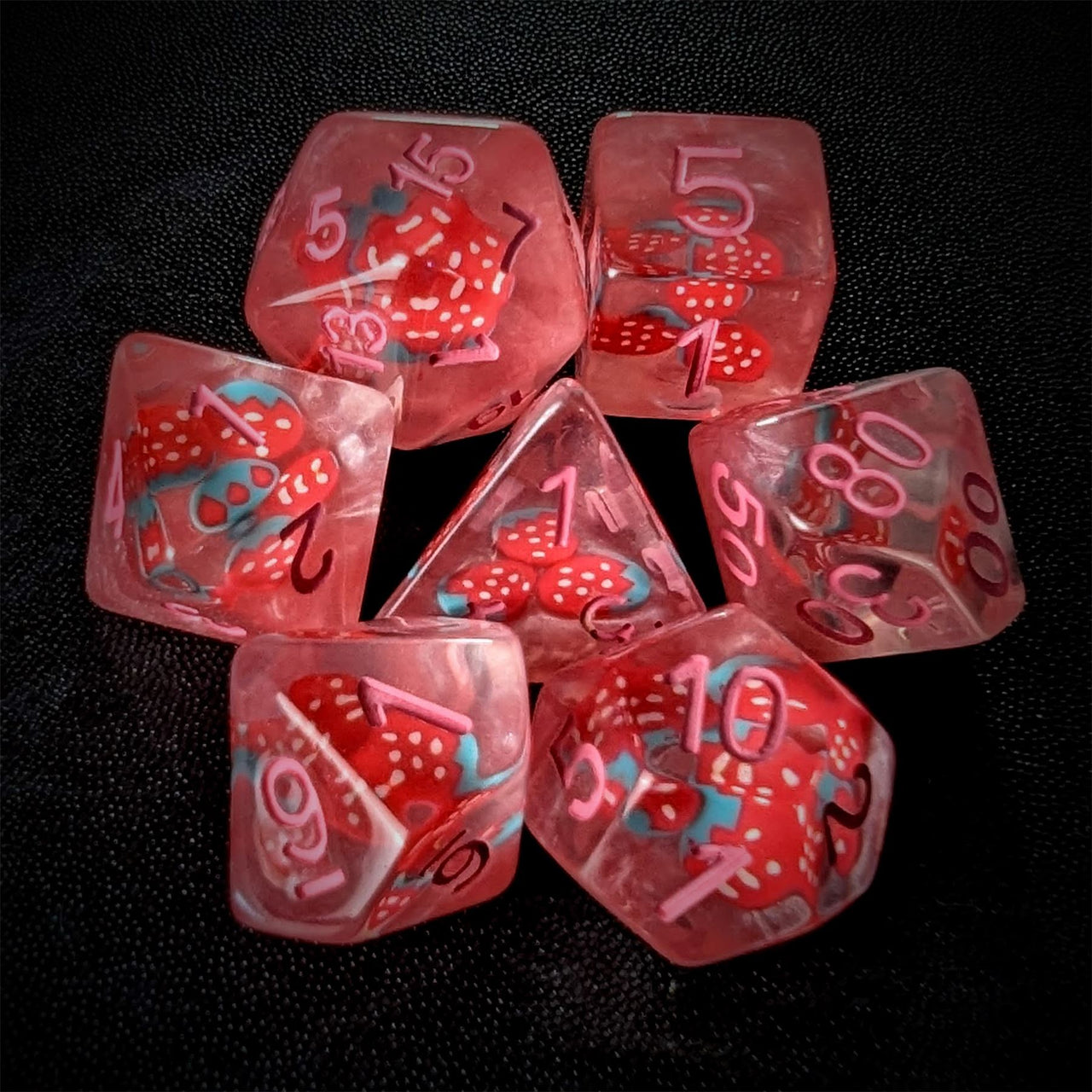 Strawberry in Clear & Pink Resin - 7pcs RPG Full Dice Set