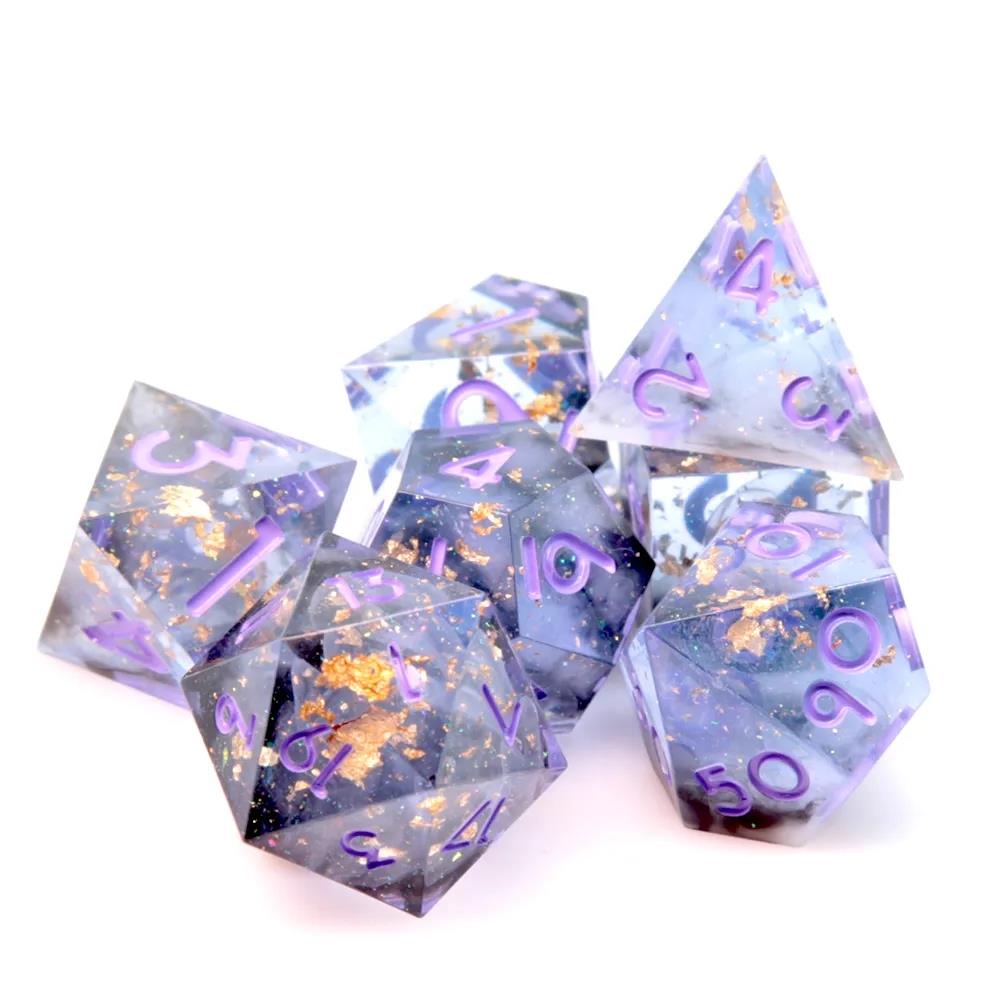 Purple Swirl in Black, White & Clear with Gold Foil Sharp Resin - 7pcs RPG Dice Set