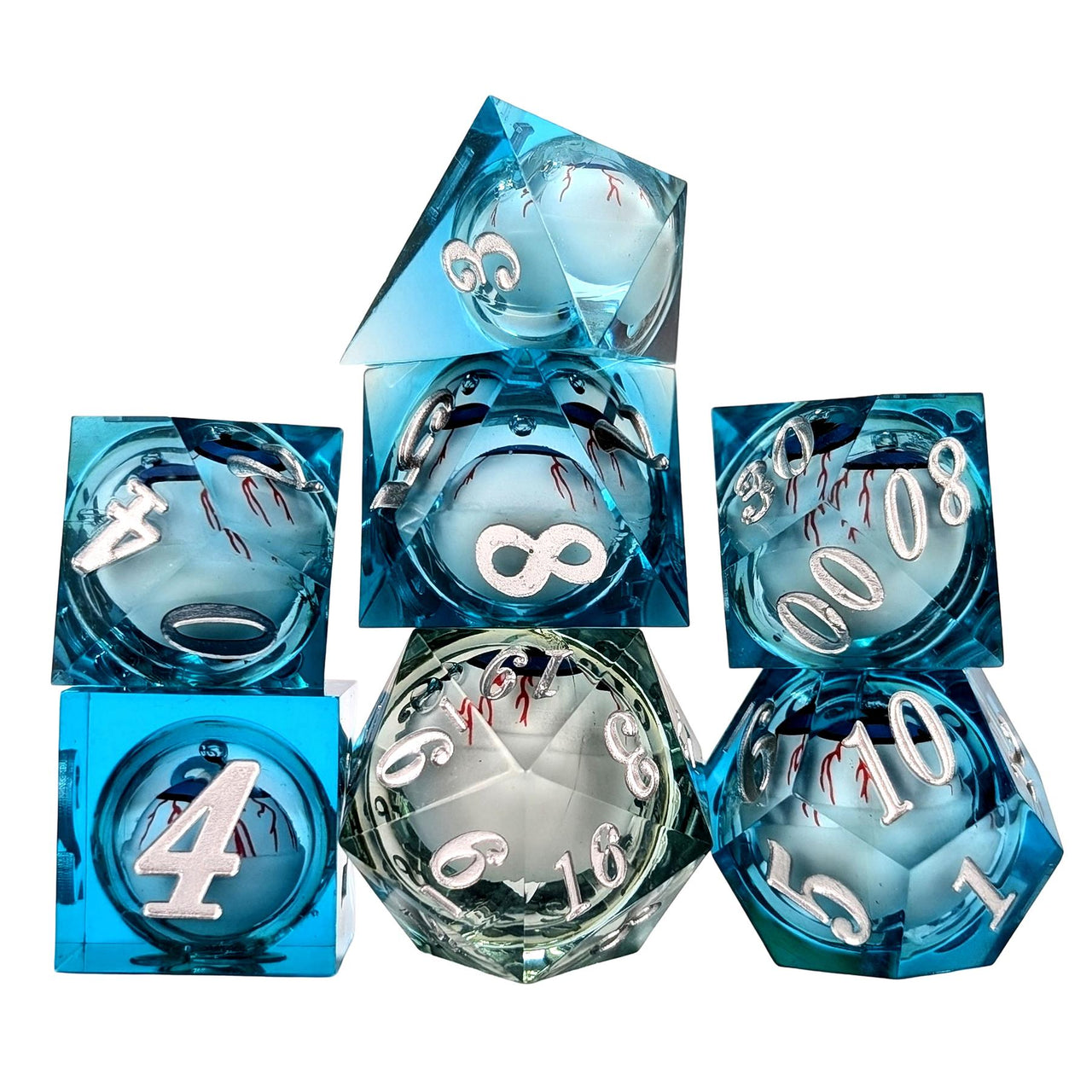 Eye Ball in Clear & Blue Liquid Filled Sharp Resin - 7pcs RPG Dice Set