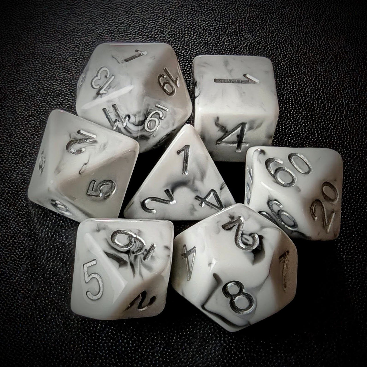 Grey Swirl in White Resin - 7pcs RPG Full Dice Set