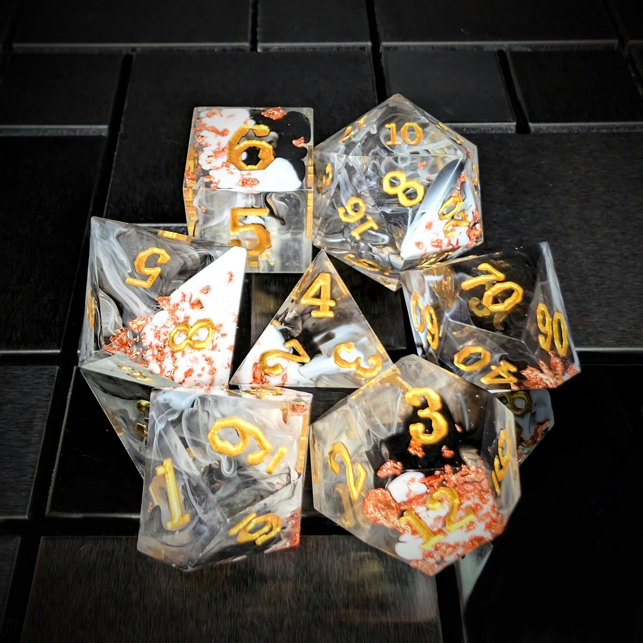 7pcs Dice Sharp Filled Gold Font Foil Black White Swirl Clear