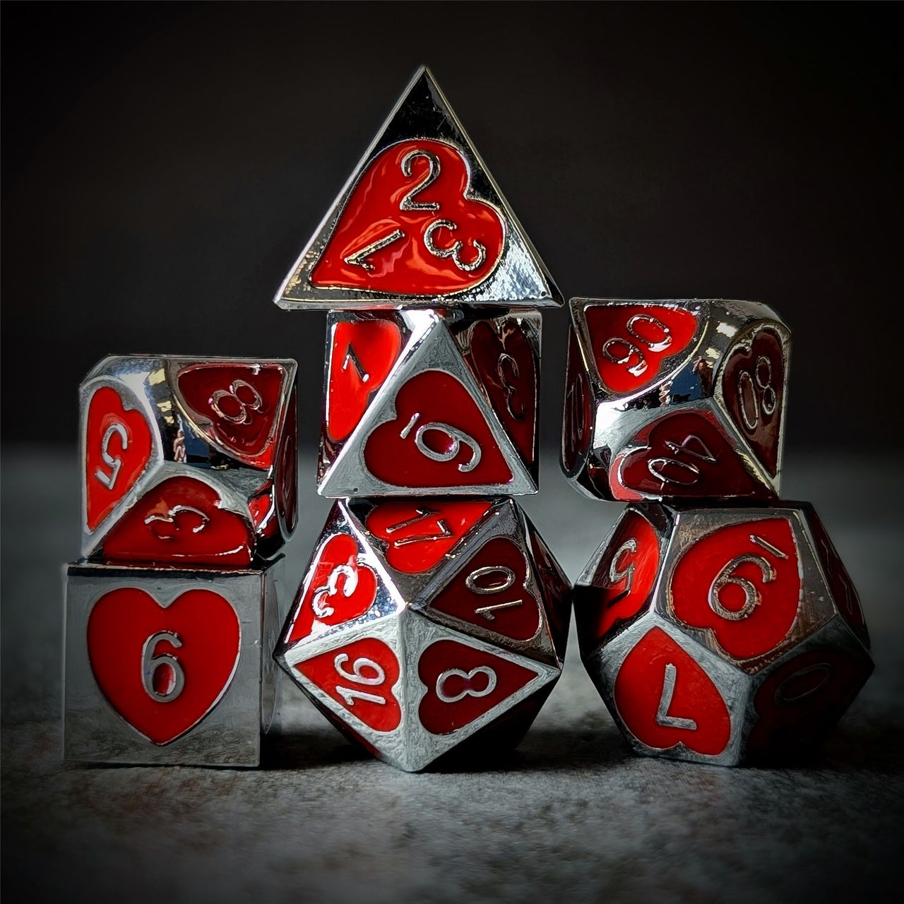 Red Heart Enamel in Silver Metal - 7pcs RPG Dice Set