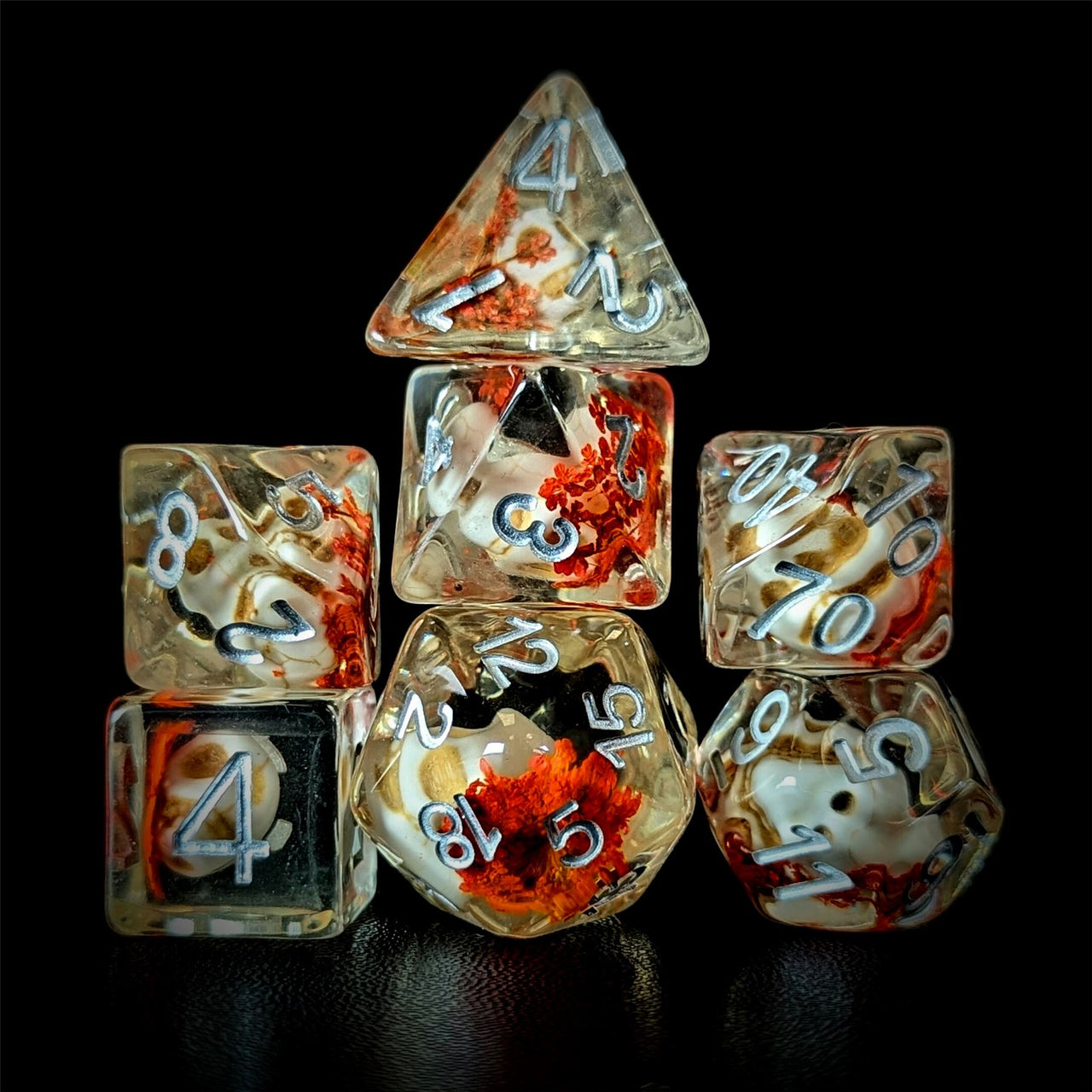 Skull & Orange Flower in Clear Resin - 7pcs RPG Full Dice Set