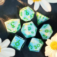 Thumbnail for 7pcs Dice Sharp Filled Flower Green Font Blue