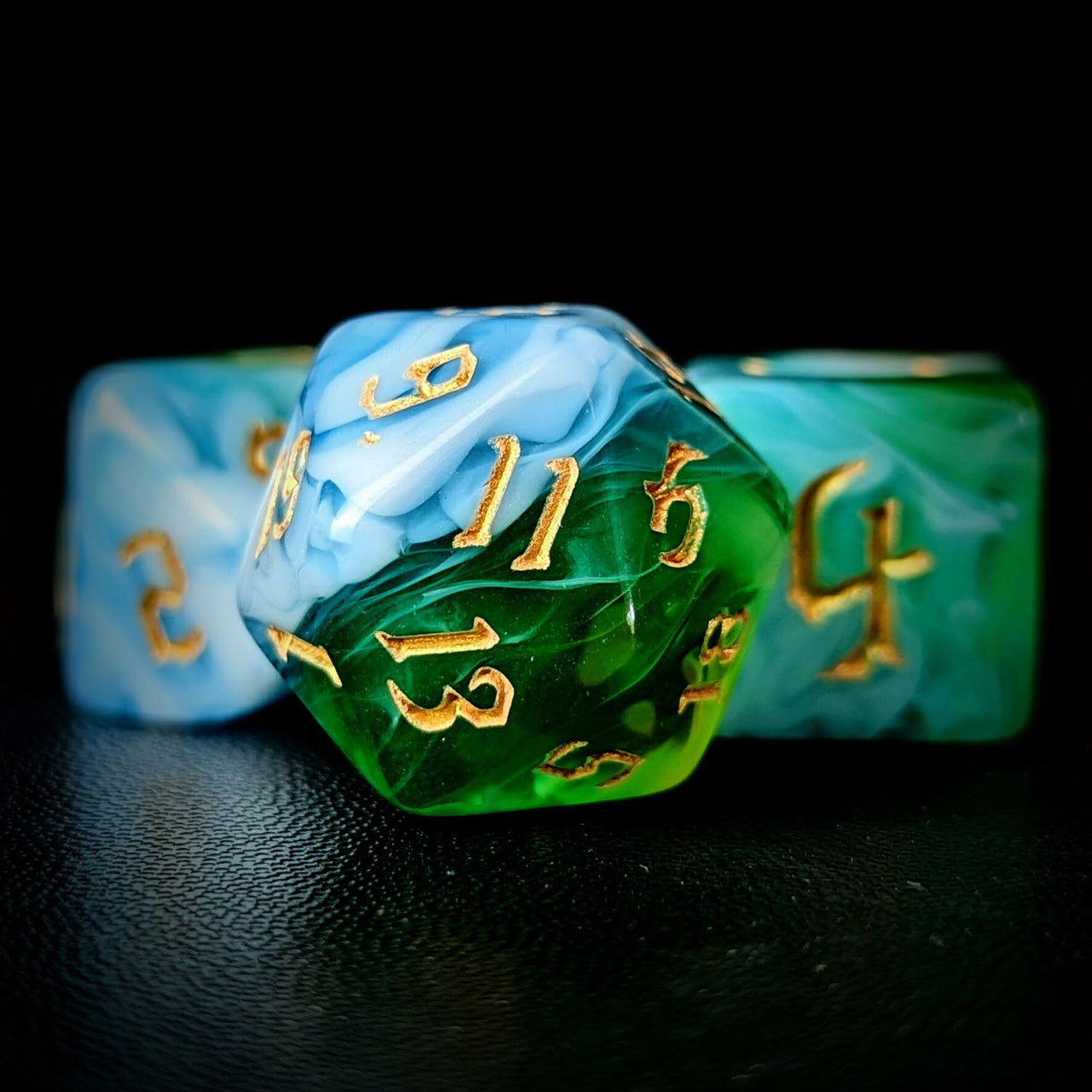 Blend of Green & Sky Blue Acrylic - 7pcs RPG Full Dice Set Close