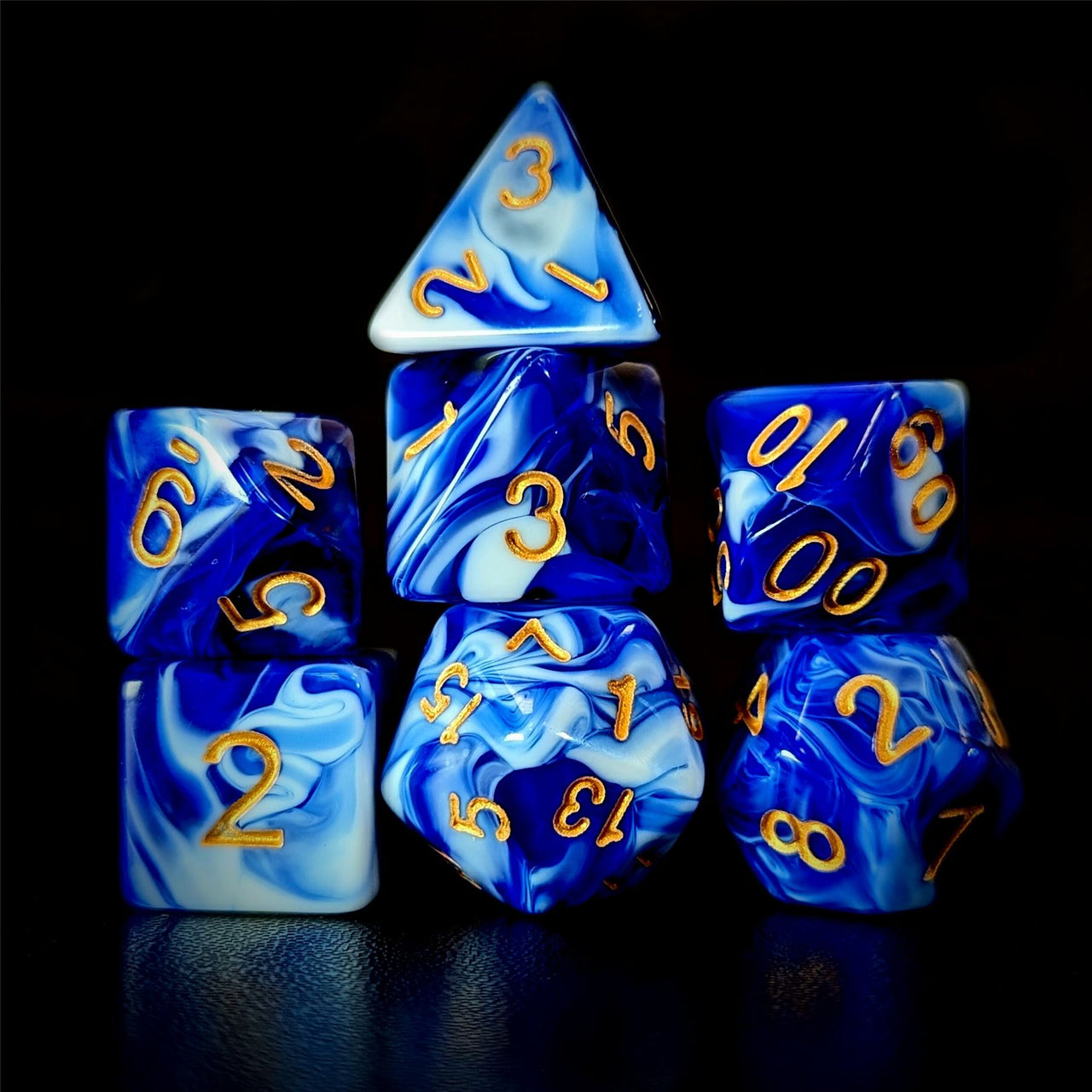 Blend of White & Royal Blue Acrylic - 7pcs RPG Full Dice Set Dark Stack