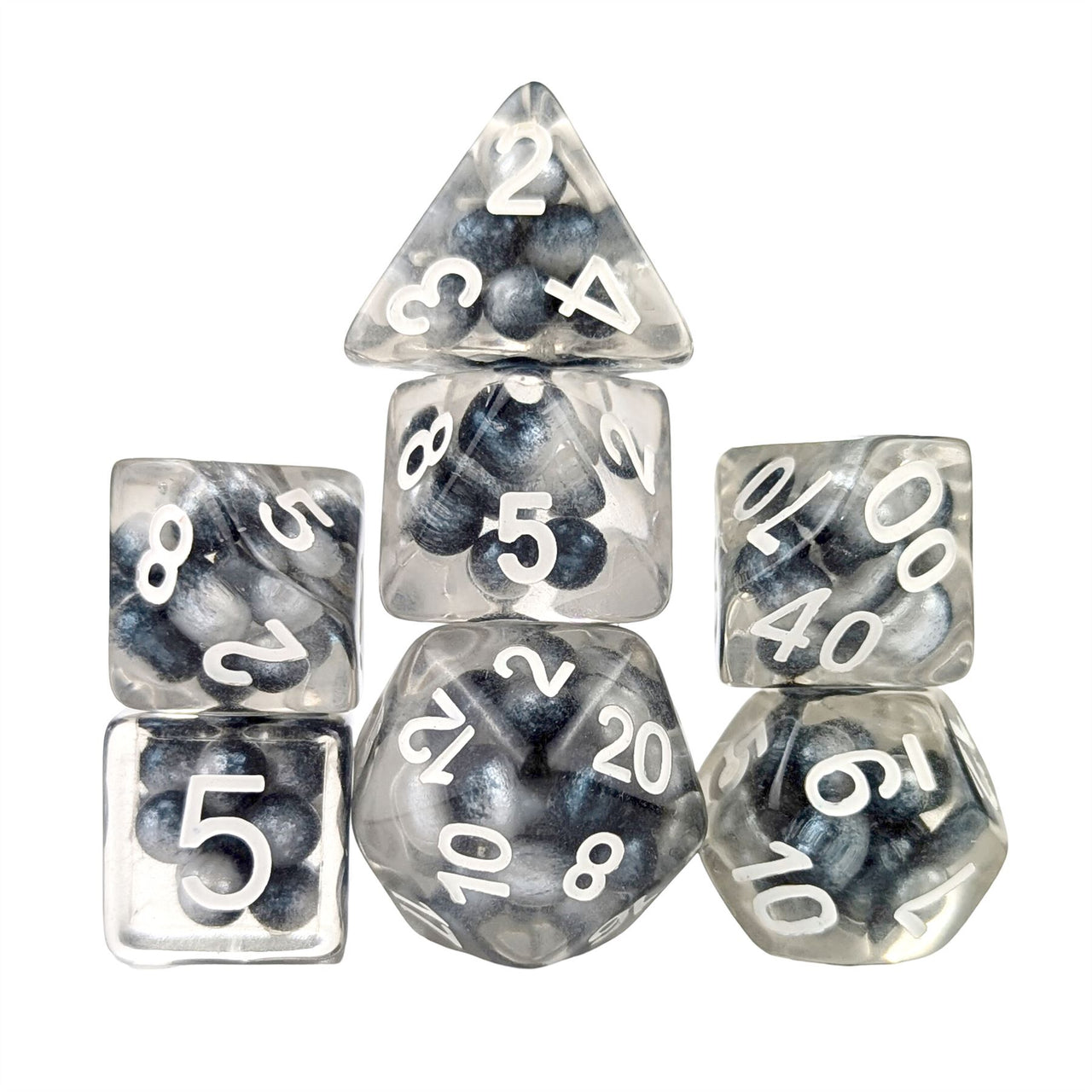 Black & Blue Pearls in Clear Resin - 7pcs RPG Full Dice Set