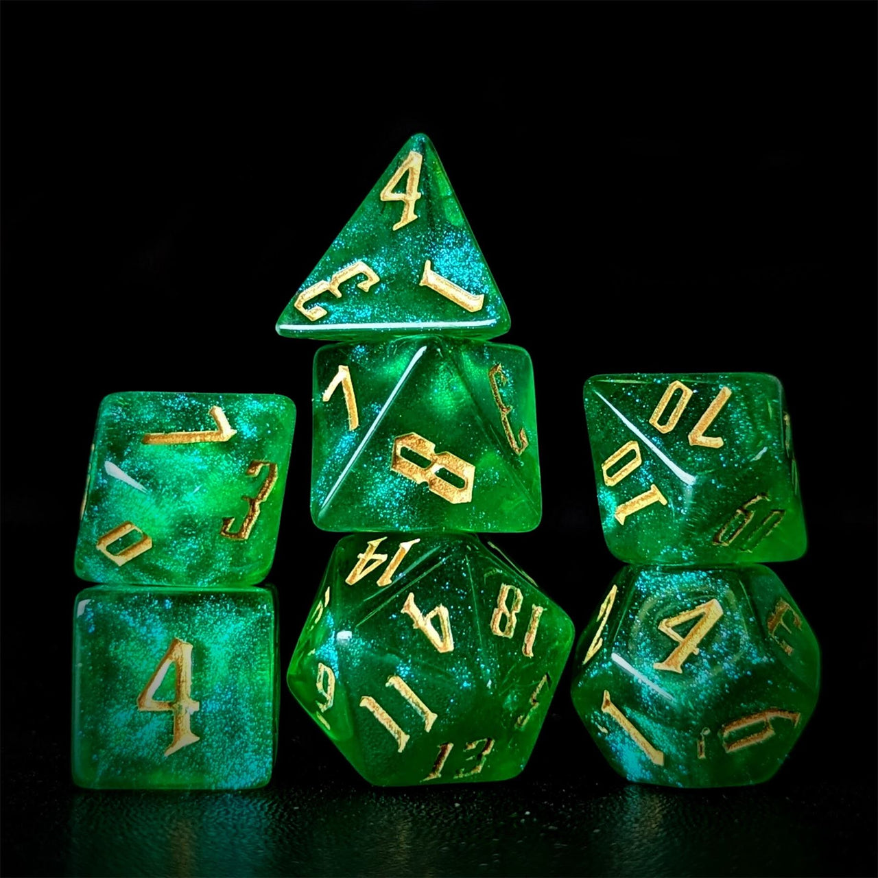 Glitter in Clear Green Acrylic - 7pcs RPG Full Dice Set Dark Stack