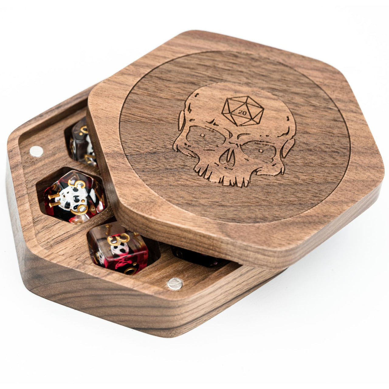 Skull on Walnut Wood with 7 Slots -  Magnetic Dice Storage