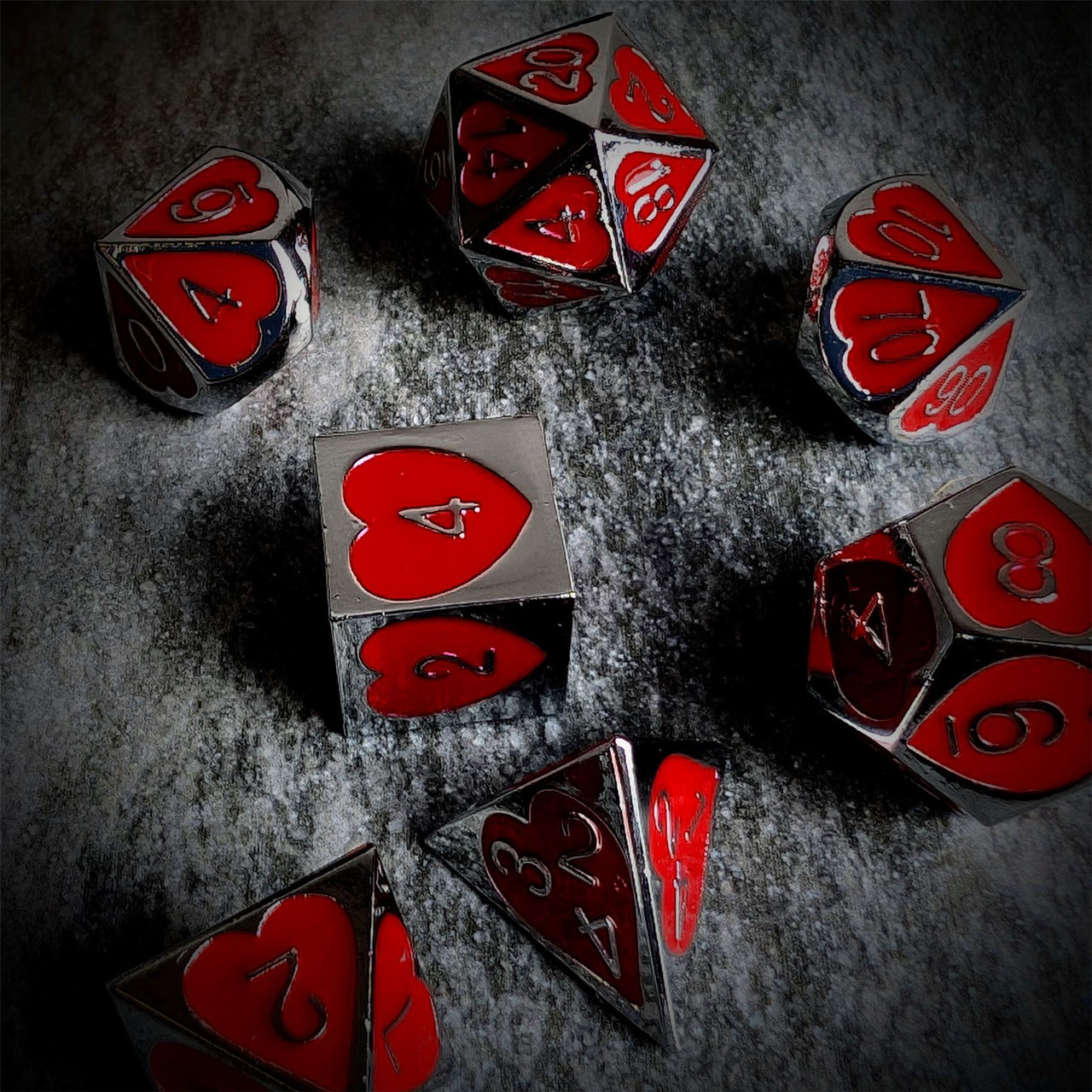 Red Heart Enamel in Silver Metal - 7pcs RPG Dice Set