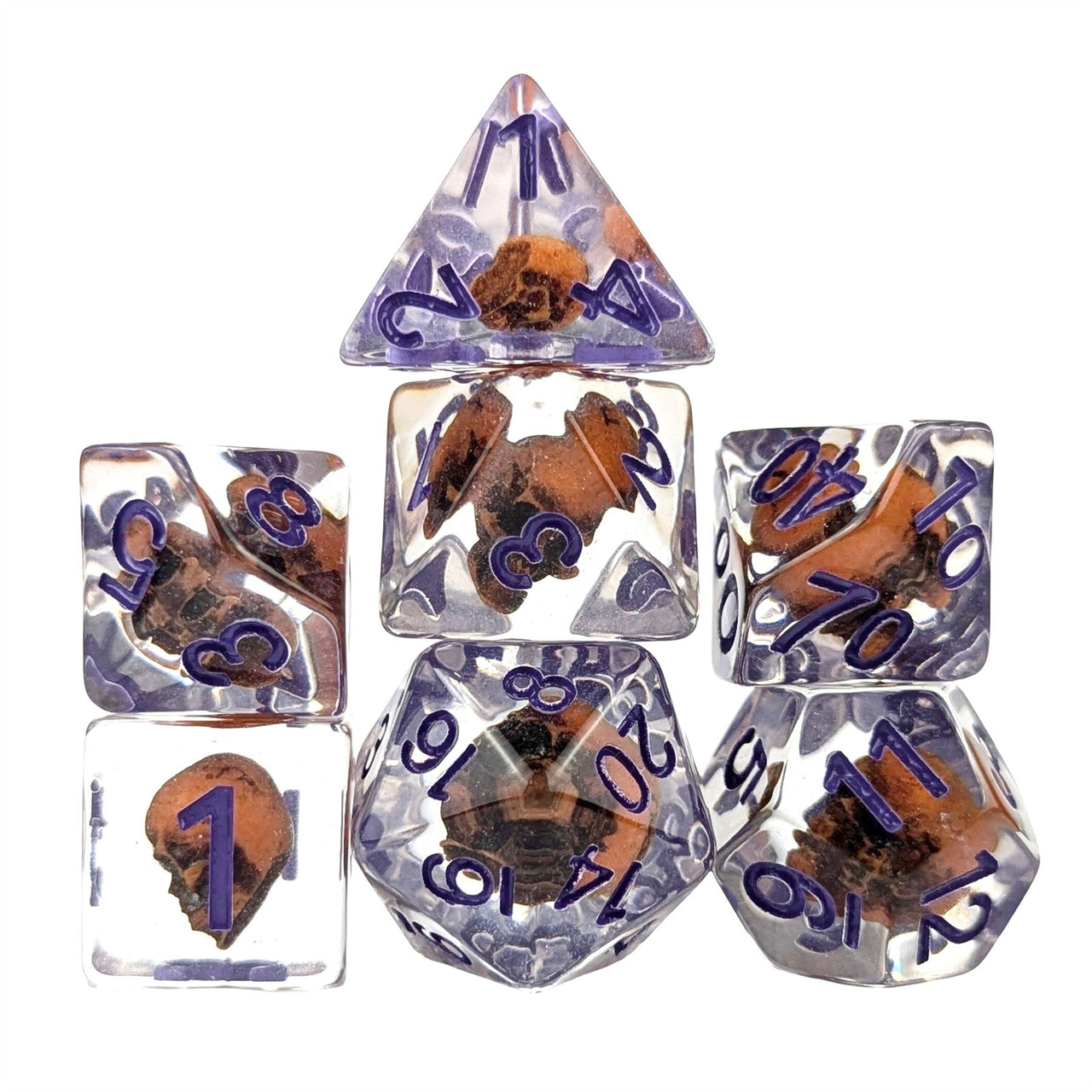 Orange Skull in Clear Resin - 7pcs RPG Full Dice Set