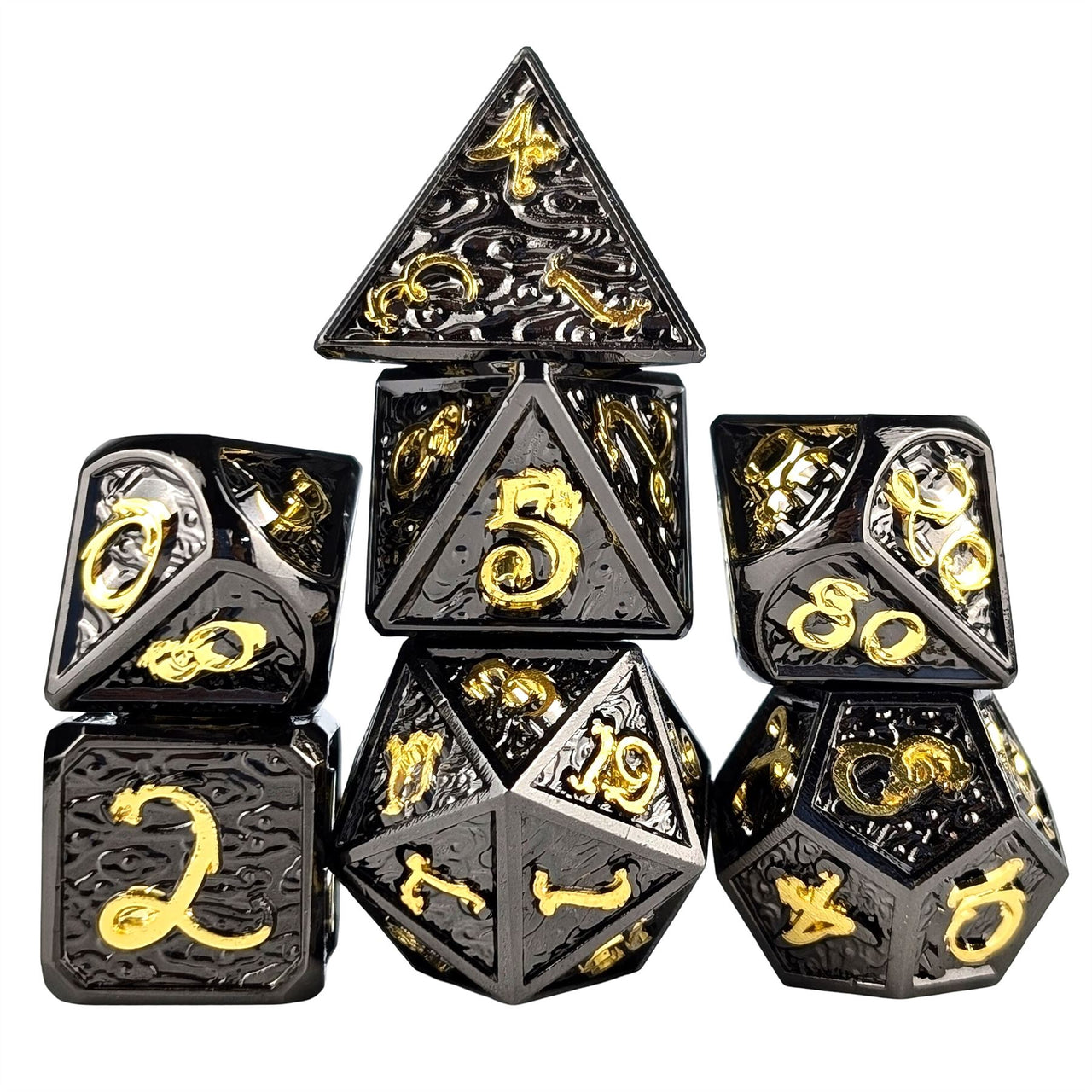 Black Metal with Gold Dragon Font - 7pcs RPG Dice Set