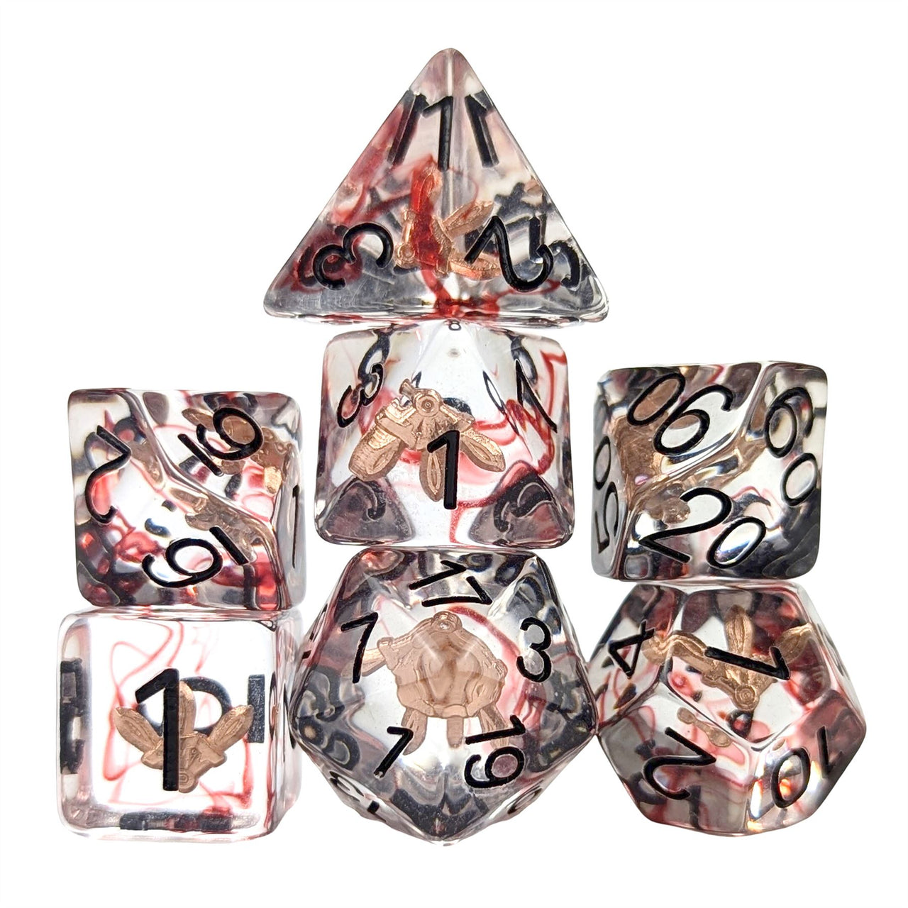 Blades in Clear & Red Resin - 7pcs RPG Full Dice Set