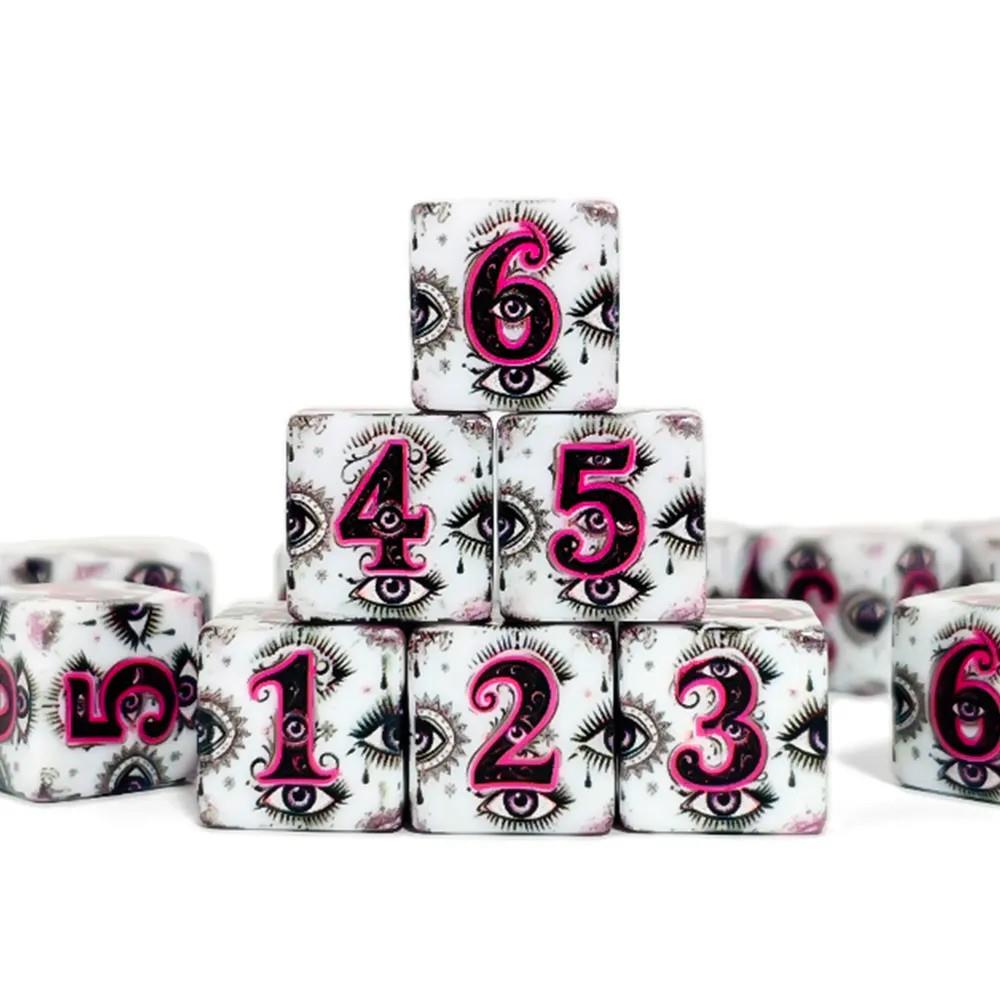 6pcs D6 16mm Dice Acrylic Printed Mystic Eye Purple Font Black White