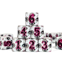 Thumbnail for 6pcs D6 16mm Dice Acrylic Printed Mystic Eye Purple Font Black White